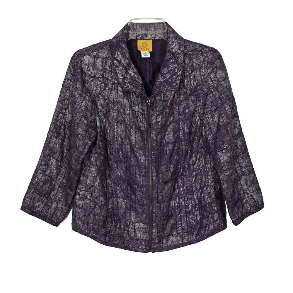 Ruby Rd. Womens Purple Metallic Crackle Quilted Zip Up Jacket Size 10 - Picture 1 of 9